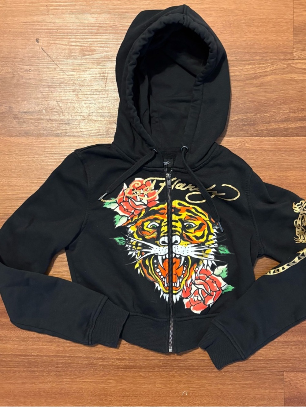 Ed Hardy Black Hoodie with Tiger & Rose Front Graphic‎